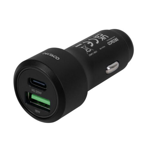 Deltaco Biloplader 12/24V, 1x USB-C, PD 18 W, 1x USB-A, 18 W, 36W, sort
