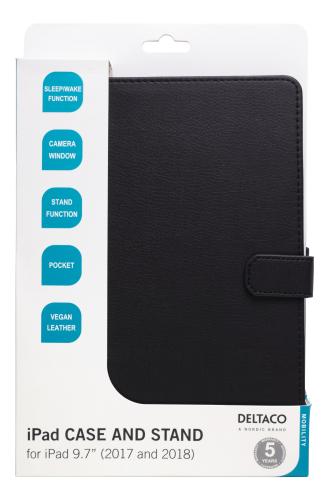 Deltaco iPad 9,7"(2017/2018) etui, vegansk læder, magnetlås, støttefunktion, sort