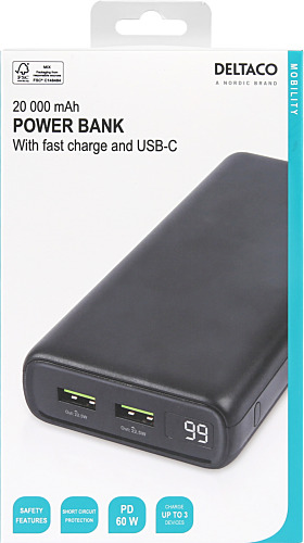Deltaco Powerbank med hurtig opladning og 60 W PD, 20.000 mAh, 1 x USB-C og 2 x USB-A, sort