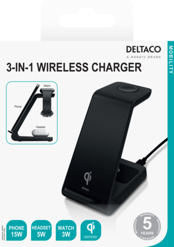 Deltaco Trådløs oplader stand, 3-I-1 15W, 5W, 3W Sort