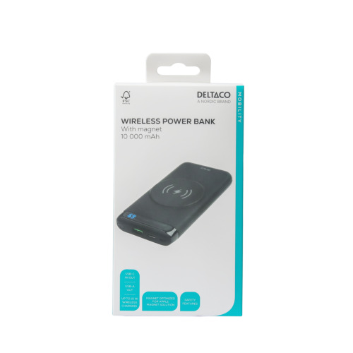 Deltaco Trådløs powerbank med magnet, USB-C og USB-A, 10.000 mAh, sort