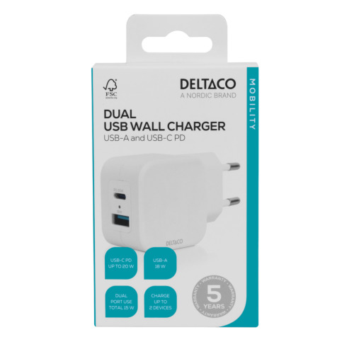 Deltaco USB-C + USB-A Lader 20W. Hvid