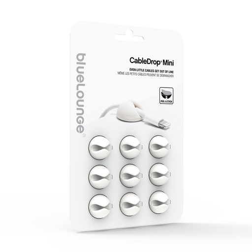 [8886466090975] Bluelounge Cable Drop Mini - selvklæbende holder til ledninger, 9-pack - Hvid / Råhvid