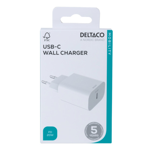 [7333048056009] DELTACO USB-C wall charger USB-C 20W white