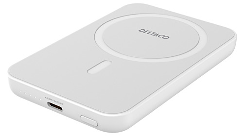 Deltaco Powerbank 5000 mAh, trådløs opladning, PD 20 W, magnet, hvid